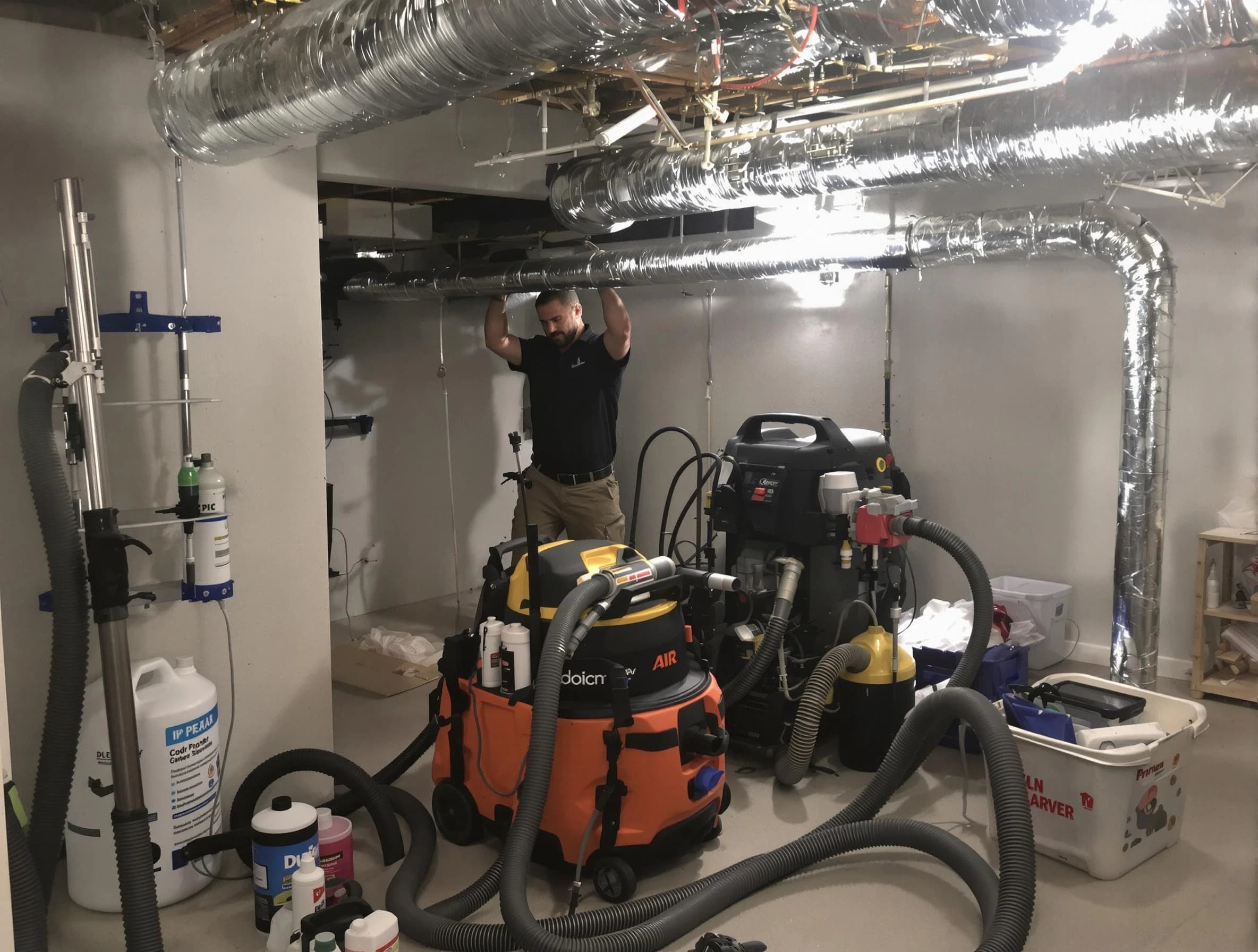 Marshfield Air Duct Cleaning specialist performing professional mold removal from air ducts using safety equipment in Marshfield